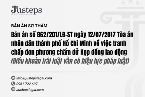 Bản án số 862/201/LĐ-ST ngày 12/07/2017 Tòa án nhân dân thành phố Hồ Chí Minh về việc tranh chấp đơn phương chấm dử Hợp đồng lao động (Điều khoản trái luật vẫn có hiệu lực pháp luật) 