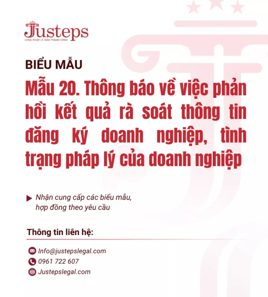 Mẫu 20. Thông báo về việc phản hồi kết quả rà soát thông tin đăng ký doanh nghiệp, tình trạng pháp lý của doanh nghiệp