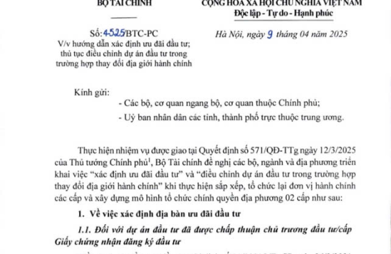Công văn hướng dẫn xác định ưu đãi đầu tư khi thay đổi địa giới hành chính