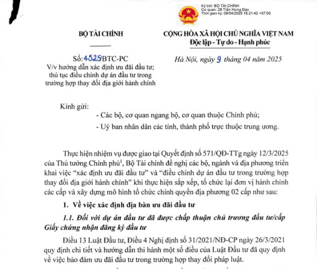 Công văn hướng dẫn xác định ưu đãi đầu tư khi thay đổi địa giới hành chính