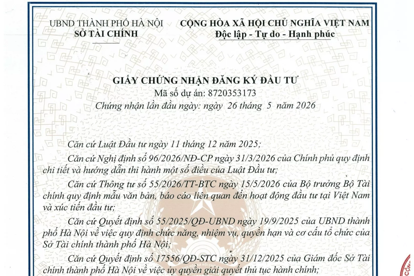 Justeps Legal hoàn tất thủ tục cấp Giấy chứng nhận đăng ký đầu tư cho nhà đầu tư nước ngoài tại Hà Nội